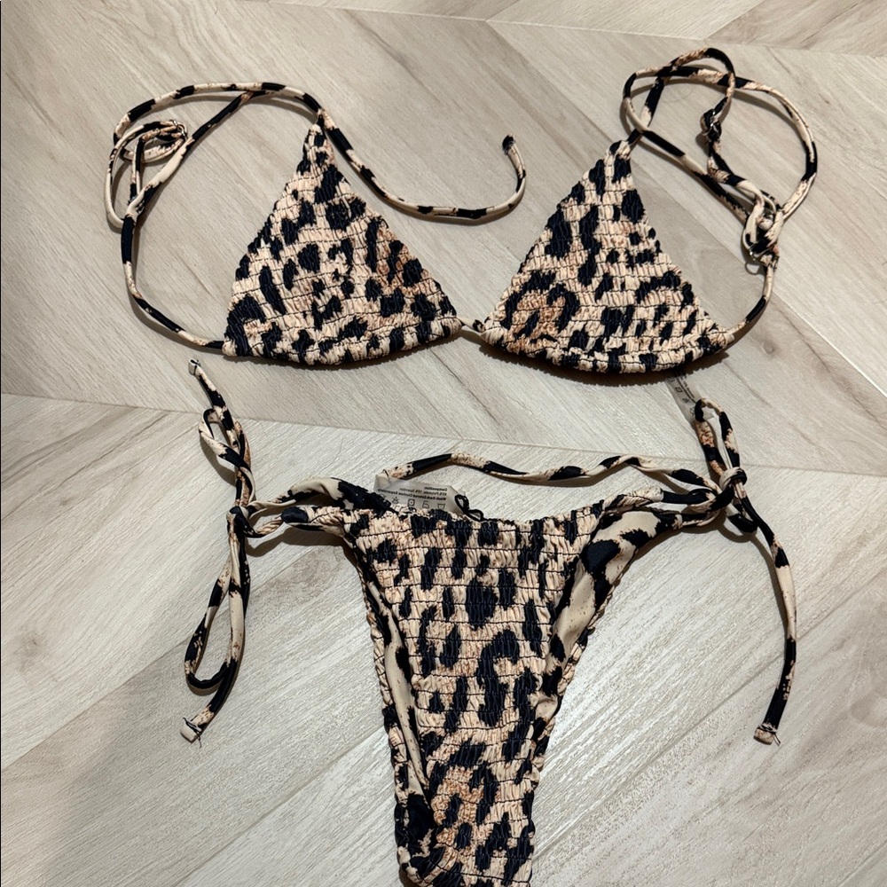 Reversible Leopard Print Smocked Triangle Bikini … - image 1